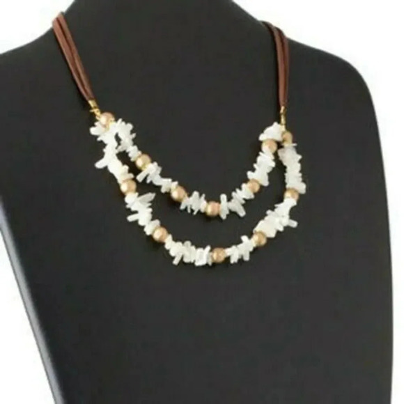 Mother of Pearl Shell Brass and Brown Faux Suede Double Cord Handmade Necklace - Picture 1 of 1